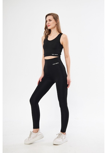 Lesa Wear Yüksek Bel Likralı Toparlayıcı Tayt Crop Takım Siyah