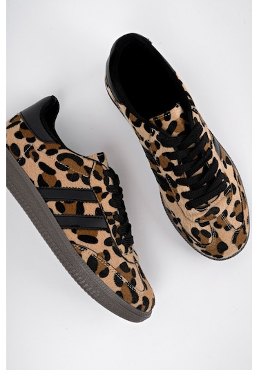 Muggo Leopard Garantili Kadın Ortopedik Günlük Bağcıklı Yürüyüş Leopar Desenli Sneaker Spor Ayakkabı Leopar Kahverengi