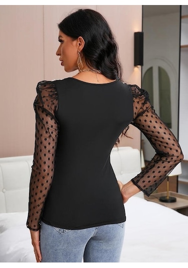 Nnstartshopping Kadın Uzun Kollu Omuz Inci Kollar Tül Detay Viskon Bluz Siyah