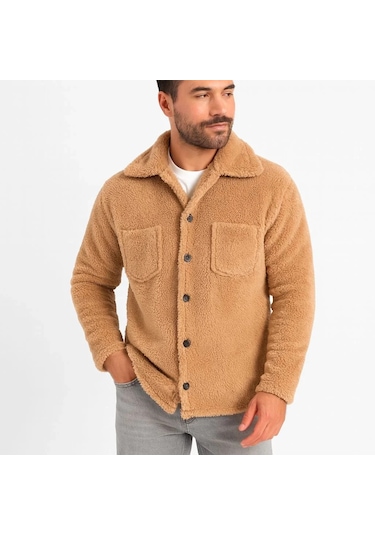 Erkek Pelüş Polar Hırka Gömlek Yakalı, İlik Düğmeli, Göğüs Cepli, Yumuşak Dokulu Kışlık Regular Fi Açık Kahve