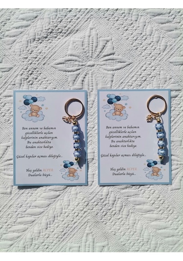 48 Adet İsme Özel Tasarım Mavi Anahtarlık Hastane Yeni Doğan 40 Mevlidi Dağıtmalık Hediyelik
