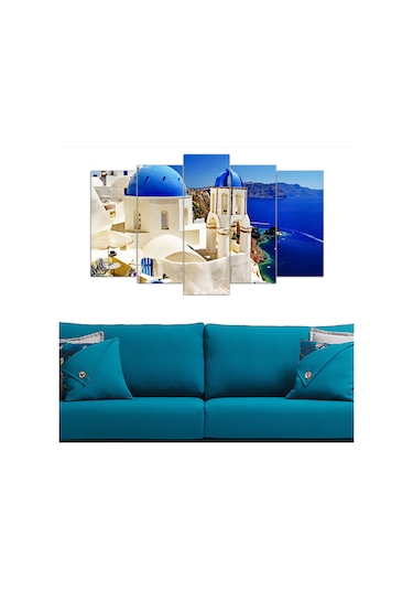 Santorini Mavi Beyaz Manzara - 5 Parçalı Tablo