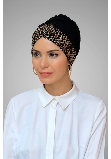 Siyah-Gold Pratik Hazır Geçmeli Tesettür Bone Sandy Kumaş Pullu T Çok Renkli