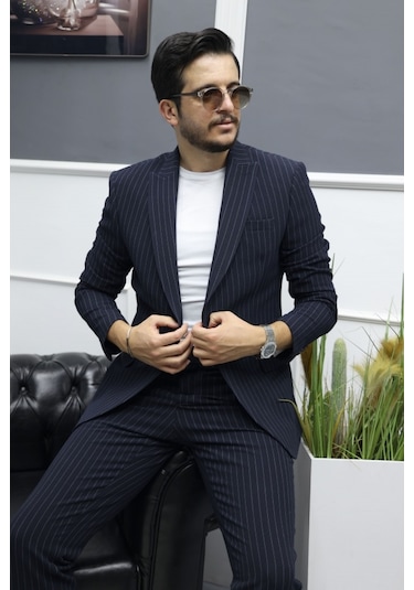 Avni Ceylan Monoline Elegance Stil Gofre Kumaş Tek Düğme Takım Elbise Lacivert
