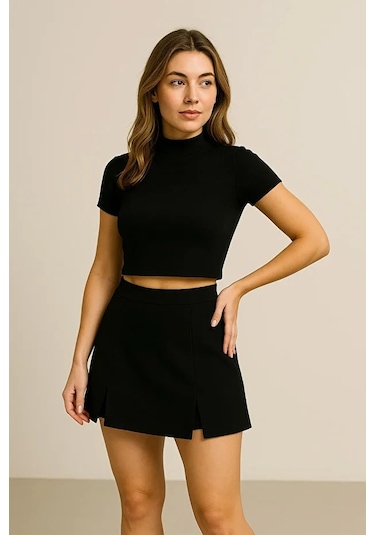 Çelik Kumaş Mini Yırtmaç Detaylı Likralı Şort Etek Siyah