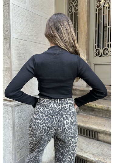 Saks Yarım Balıkçı Şardonlu Fitilli Bluz Siyah