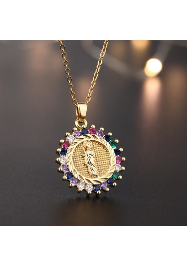 Dini Bakır Mikro Mıhlanmış Renkli Zirkon Taşlı Pandantif, Kadın Takısı, Katolik Meryem Ana Kolyesi C. Altın