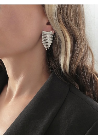 Sallantılı Minimal Beyoğlu Taşlı Gümüş Renk Küpe Gümüş