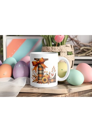 L Harfi Ekose Ve Sonbahar Temalı Kupa Bardak - Kişiye Özel Sıcak Tonlar Alfabe Kupa - Hediye Beyaz