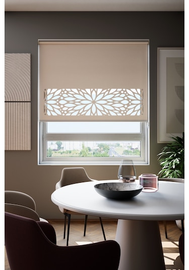 Lazer Kesim Mat Stor Perde, Lazer Kesimli Modern Serisi, M-131003 Açık Kahverengi Renk Açık Kahverengi