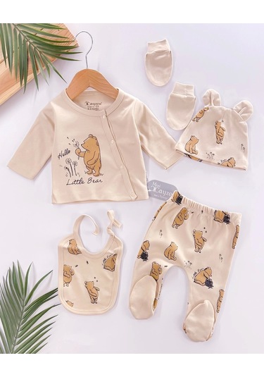 Hello Little Bear Baskılı 5 Parça %100 Pamuk Erkek Bebek Hastane Çıkışı Bej