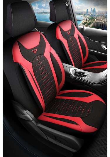 Siyah - Kırmızı Garni Panda Bakü Serısı Keten Kumaş Oto Koltuk Kılıfı - Tam Set