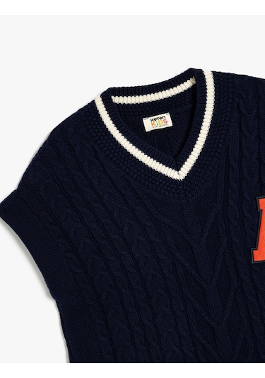 Koton Triko Süveter V Yaka Ribanalı Aplike Detaylı Lacivert 5wkg90046ht Lacivert
