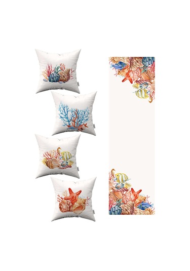 Mavi Turuncu Marin Desenli 4'lü Kırlent Kılıfı 1 Runner Seti 4kmbs283 Rs Mavi