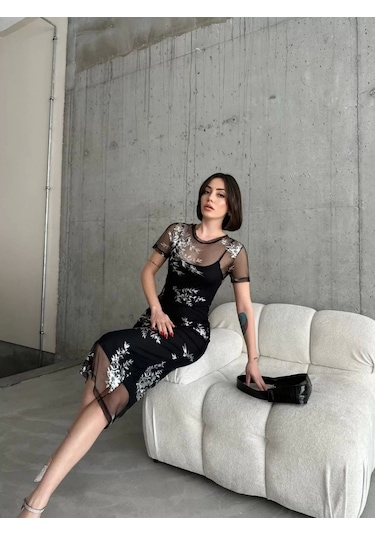 Kadın Baskılı Şifon Kimono Elbise - Siyah Siyah