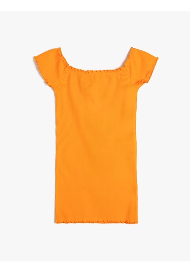 Koton Elbise Kısa Kollu Kare Yaka Ribanalı Pamuklu Turuncu 4skg80155ak Turuncu