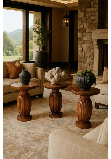 Ahşap Mantar Sehpa 3 Lü Set Meşe Renk Doğal Zigon Ve Fiskos Takımı Meşe