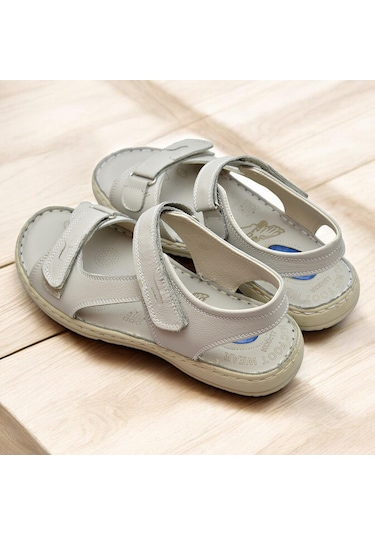 088 Topuk Jelli Tam Ortopedik Taban Hakiki Deri Erkek Sandalet Cırtlı Sandalet Bej