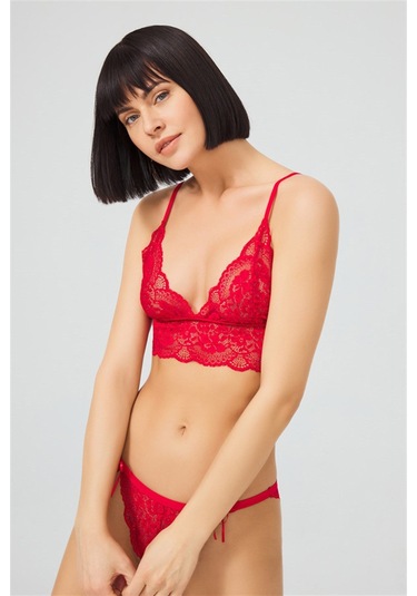 Kırmızı Dantelli Transparan Balensiz Kadın Sütyen Takımı Kırmızı