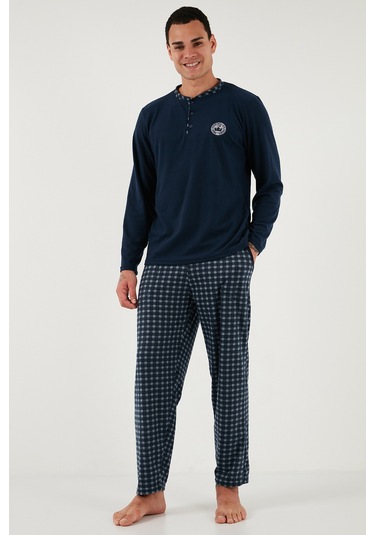 Buratti Ekoseli Yumuşak Dokulu Regular Fit Uzun Kollu Erkek Pijama Takımı 609611030 Lacivert-Gri