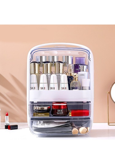 Makyaj Organizer Kozmetik, Fırça Ve Takı Düzenleyici Çok Amaçlı Masaüstü Makyaj Kutusu Bej