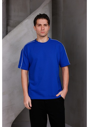 Erkek Şeritli Oversize Bisiklet Yaka 2 İki İplik Kompakt T-shirt Saks