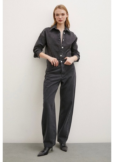 Never More Yüksek Bel Düğme Kapamalı Mom Jean Siyah Siyah