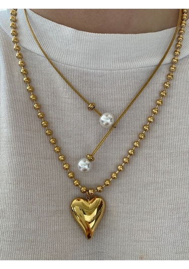 Kadın Sıralı Toplu İri Kalp Çelik Kararmaz Gold Kolye