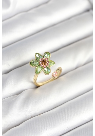 Çiçek Model Yeşil Pirinç Gold Renk Yüzük Renkli