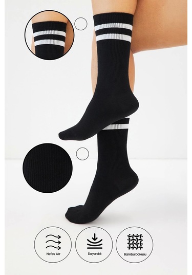 Bambu Tenis Çizgili Premium Kolej Çorabı Unisex Siyah Dikişsiz Soket Çorap 3'lü Paket Çok Renkli