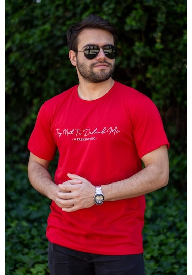 Erkek Kırmızı El Yazısı İmza Baskı Kısa Kollu Bisiklet Yaka Erkek T-shirt 22etsheyaz 001