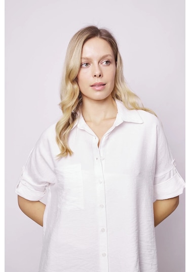 Kadın Keten Görünümlü Kolu Katlanabilir Rahat Kesim Uzun Tunik Gömlek-krem Krem