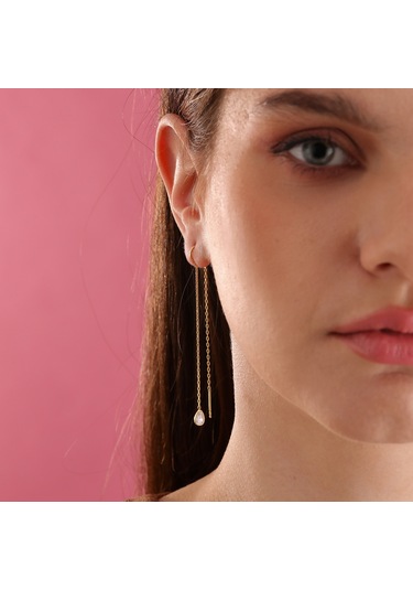 Queen Silver Jewelry 925 Ayar Gümüş Damla Taş Sallantılı Küpe Altın