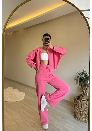 Neşeli Butik Kadın Fermuarlı Oversize Sweat Ve Yüksek Bel Eşofman Takımı Nm018 Pembe