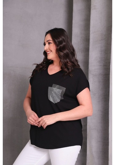 Cep Taş Baskılı Bluz Siyah