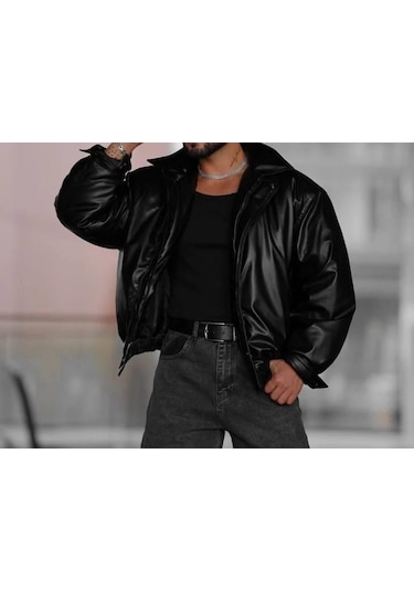 Famoda Erkek Oversize Vintage Siyah Deri Ceket Siyah