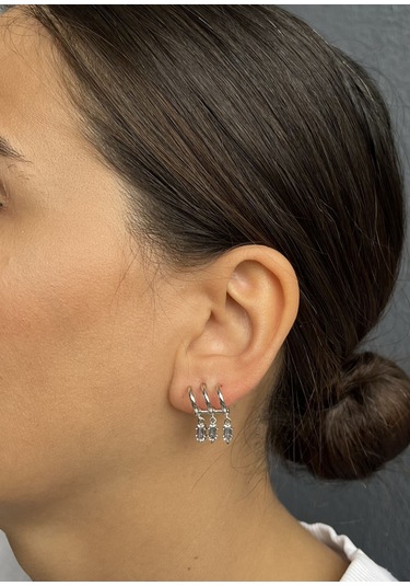 Gümüş Renkli Taşlı Çoklu Görüntülü Küpe Çok Renkli