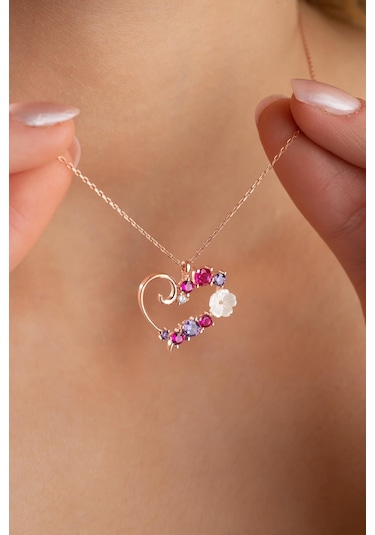 Nereze 925 Ayar Gümüş Manolya Çiçeği Renkli Taşlı Kalp Kolye