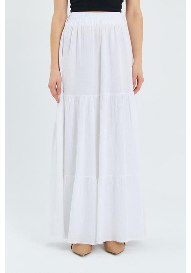 4567 Kadın Fırfırlı Uzun Müslin Etek Beyaz Beyaz