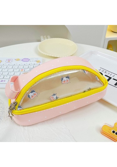 Mufunye Renkli Noktalı Pembe Çift Katlı Şeffaf Kalem Kutusu - Orta İlkokul Öğrencileri İçin Büyük Kapasiteli Kalem Çantası Pink