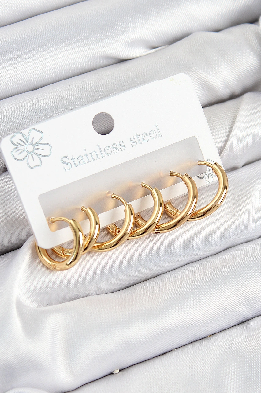 316l Çelik Halka Model Gold Renk 3'lü Set Kadın Küpe Renkli