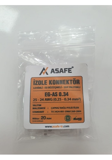 Asafe Isı Büzüşmeli,Kendinden Lehimli,Izolekonnektör 0,34Mm(20Li)