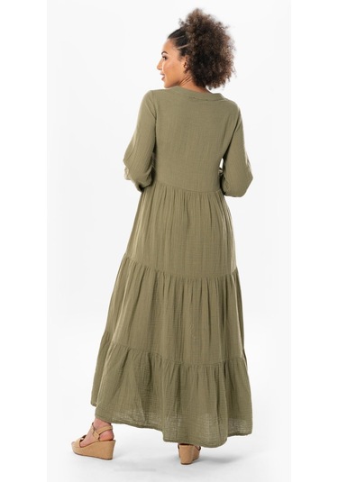 Uzun Kol Akay Uzun Düğme Detay Yazlık Müslin Elbise Haki Hk-haki Haki