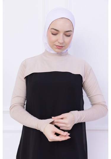 Balıkçı Yaka Boyunluklu Kolluk Bej - Likralı Dik Yakalı Kadın Body Tesettür Crop Bolero Bej