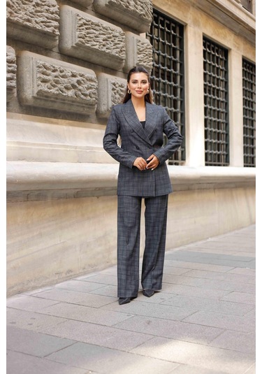 6 Düğmeli Kruvaze Ekose Takım Lacivert Lacivert