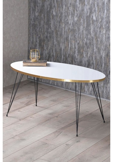 Orta Sehpa Elips Siyah Tel Ayak Altın Beyaz Beyaz