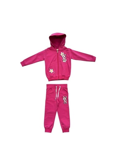 Kız Çocuk Pamuklu Önden Fermuarlı Kapüşonlu İşlemeli Eşofman Takımı-15114 Fuşya