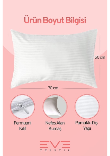 Eve Tekstil 2 Adet Çizgili Saten Fermuarlı Antialerjik Yıkanabilir Silikon Elyaf Yüksek Dolgulu Yastık 900 Gr Beyaz