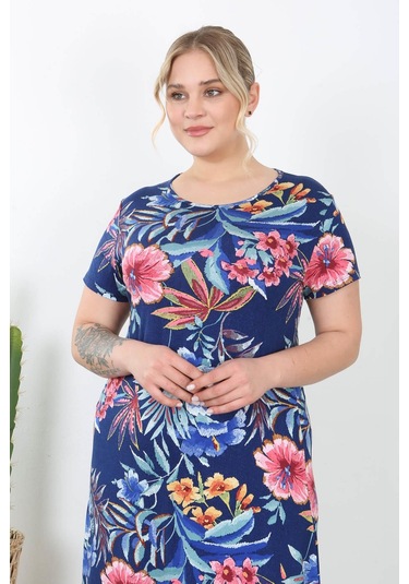 Kadın Lacivert Pembe Tropikal Desen Midi Elbise Lacivert