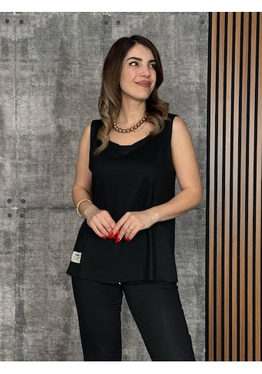 Ahes Shopping Kadın Askılı Yuvarlak Yaka Viskon Iki Iplik Bluz Ve Eşofman Altı Ikili Takım Siyah